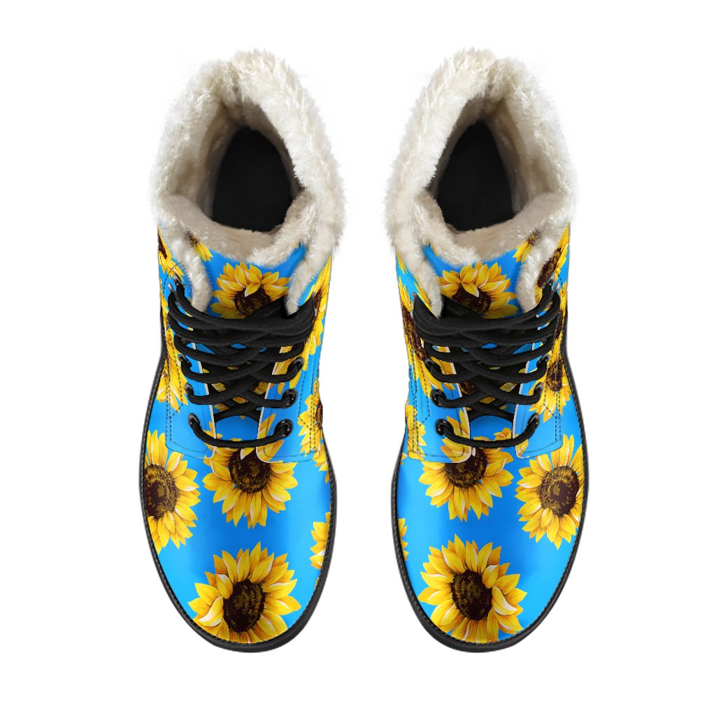 Boho Chic Vibes: Blue Sunflower Pattern Faux Fur Leather Boots - 4