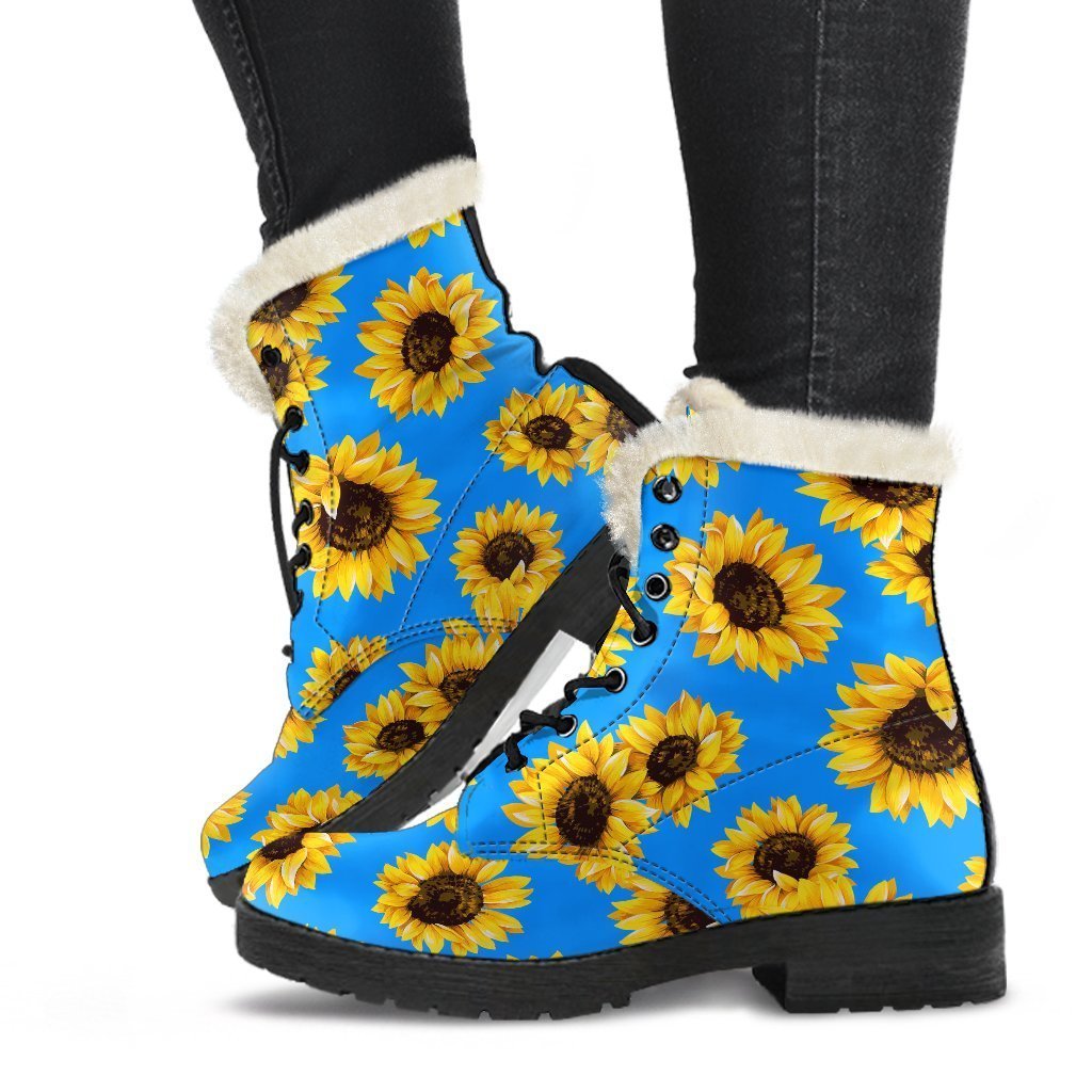 Boho Chic Vibes: Blue Sunflower Pattern Faux Fur Leather Boots - 1