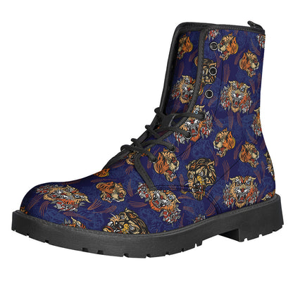 Blue Tiger Tattoo Pattern Leather Boots: Walk in Hippie Style - 1