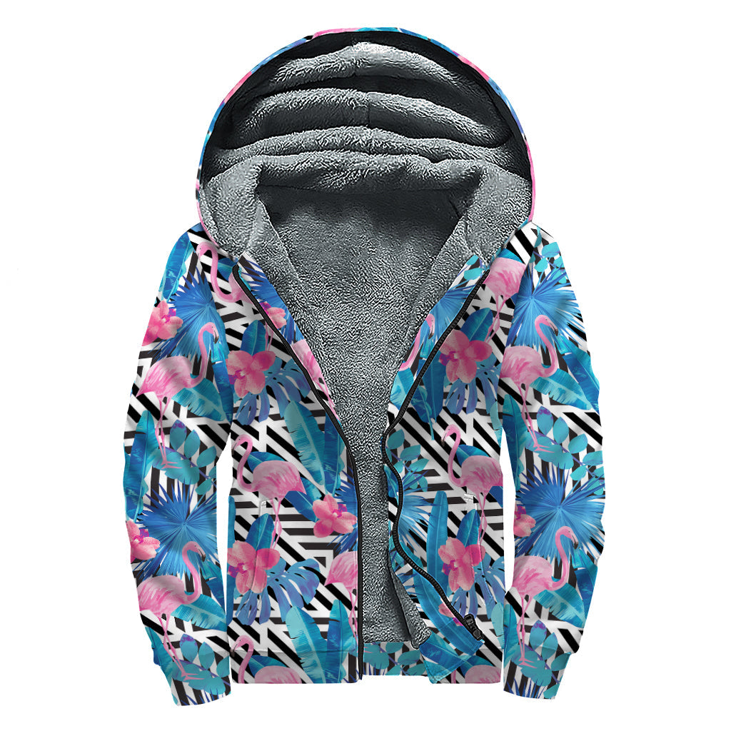 Blue Tropical and Pink Flamingo Print Hippie Sherpa Lined Zip Up Hoodie - 1