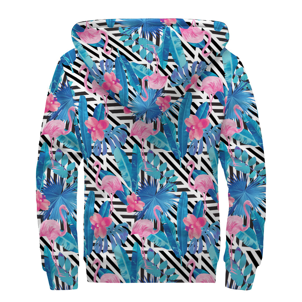 Blue Tropical and Pink Flamingo Print Hippie Sherpa Lined Zip Up Hoodie - 2