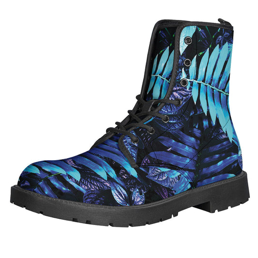 Groovy Blue Tropical Leaves Print Leather Boots for Stylish Hippies - 1