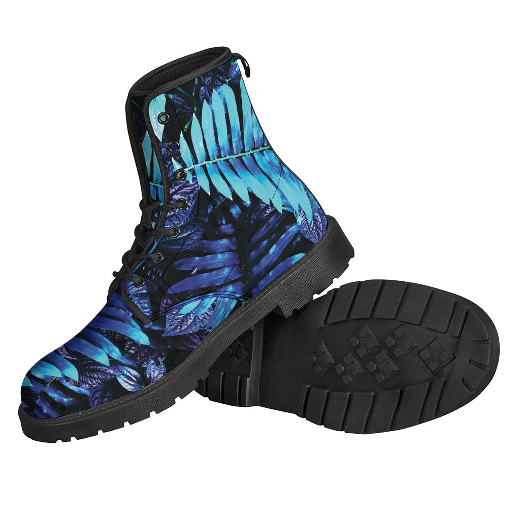 Groovy Blue Tropical Leaves Print Leather Boots for Stylish Hippies - 2