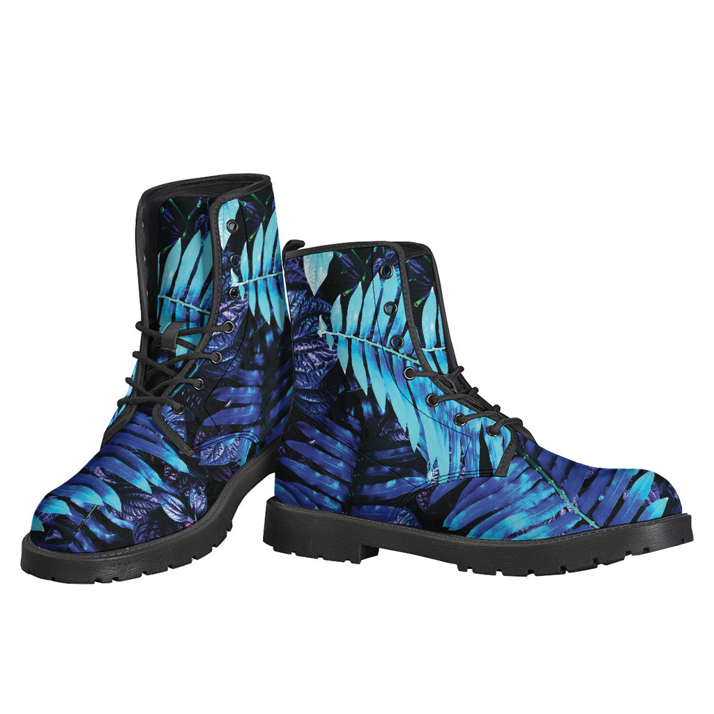 Groovy Blue Tropical Leaves Print Leather Boots for Stylish Hippies - 3