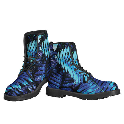 Groovy Blue Tropical Leaves Print Leather Boots for Stylish Hippies - 3