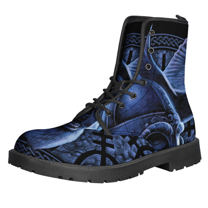 Blue Viking God Odin and Crow Print Leather Boots for the Free-Spirited Hippie - 1