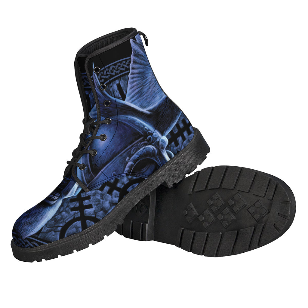 Blue Viking God Odin and Crow Print Leather Boots for the Free-Spirited Hippie - 2