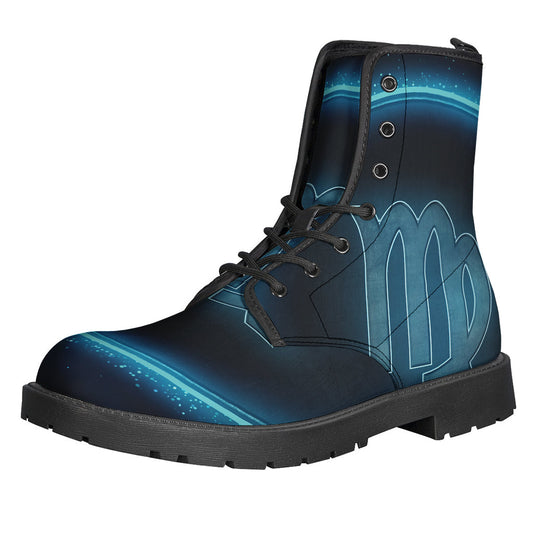 Blue Virgo Zodiac Sign Leather Boots for Free-Spirited Hippies - 1