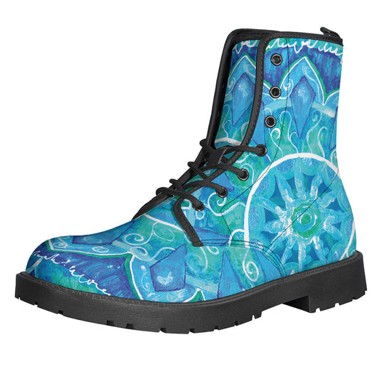 Get Groovy with our Blue Vishuddha Chakra Mandala Print Leather Boots - 1