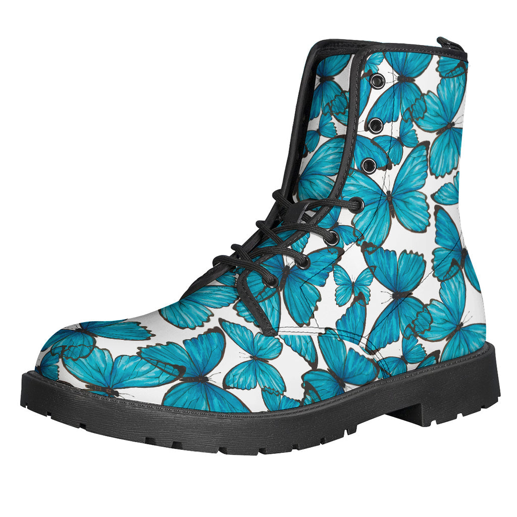 Blue Watercolor Butterfly Pattern Leather Lightweight Hippie Boots - 1