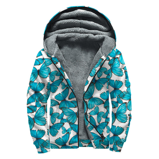 Blue Watercolor Butterfly Sherpa Lined Zip Up Hoodie for the Free-Spirited Hippie - 1