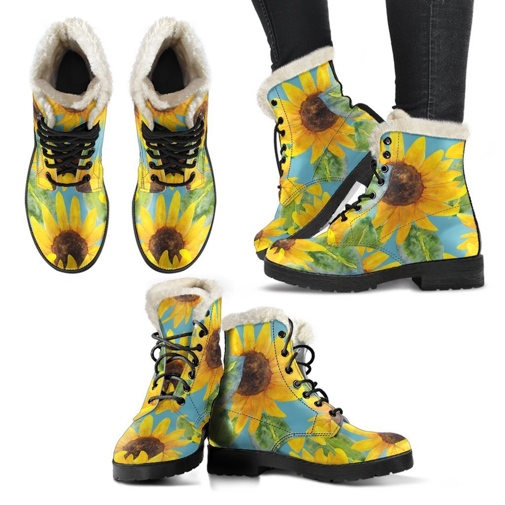 Blue Watercolor Sunflower Faux Fur Leather Boots for Boho Beauties - 2