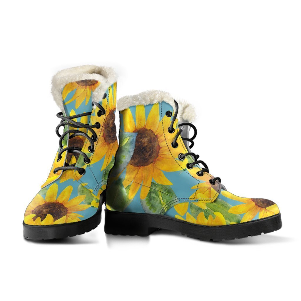 Blue Watercolor Sunflower Faux Fur Leather Boots for Boho Beauties - 3