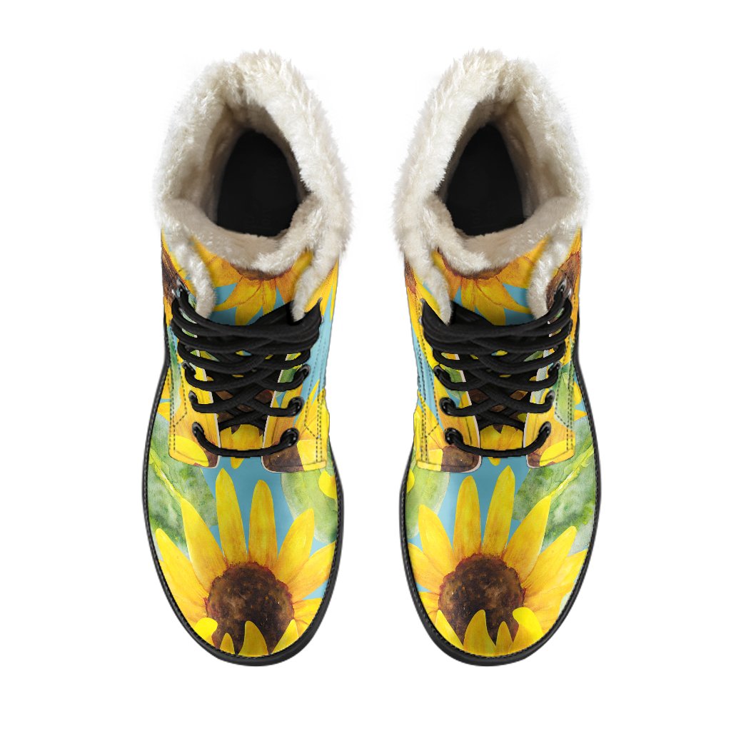 Blue Watercolor Sunflower Faux Fur Leather Boots for Boho Beauties - 4