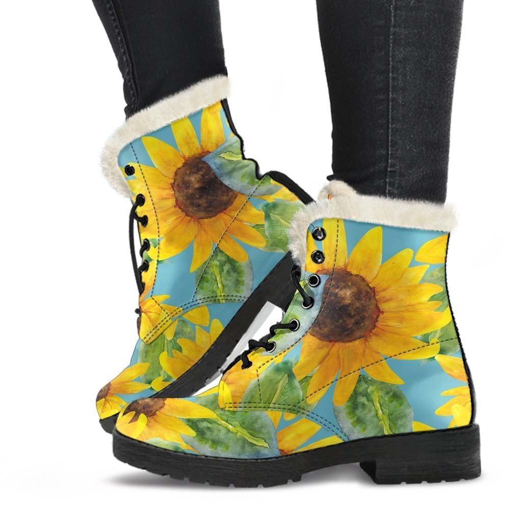 Blue Watercolor Sunflower Faux Fur Leather Boots for Boho Beauties - 1