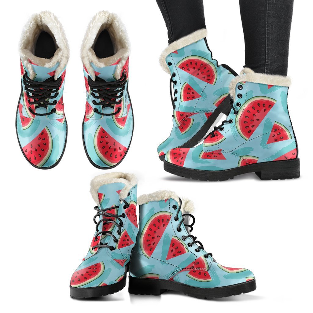 Blue Watermelon Pieces Pattern Faux Fur Leather Boots: Embrace Your Inner Hippie Style - 2