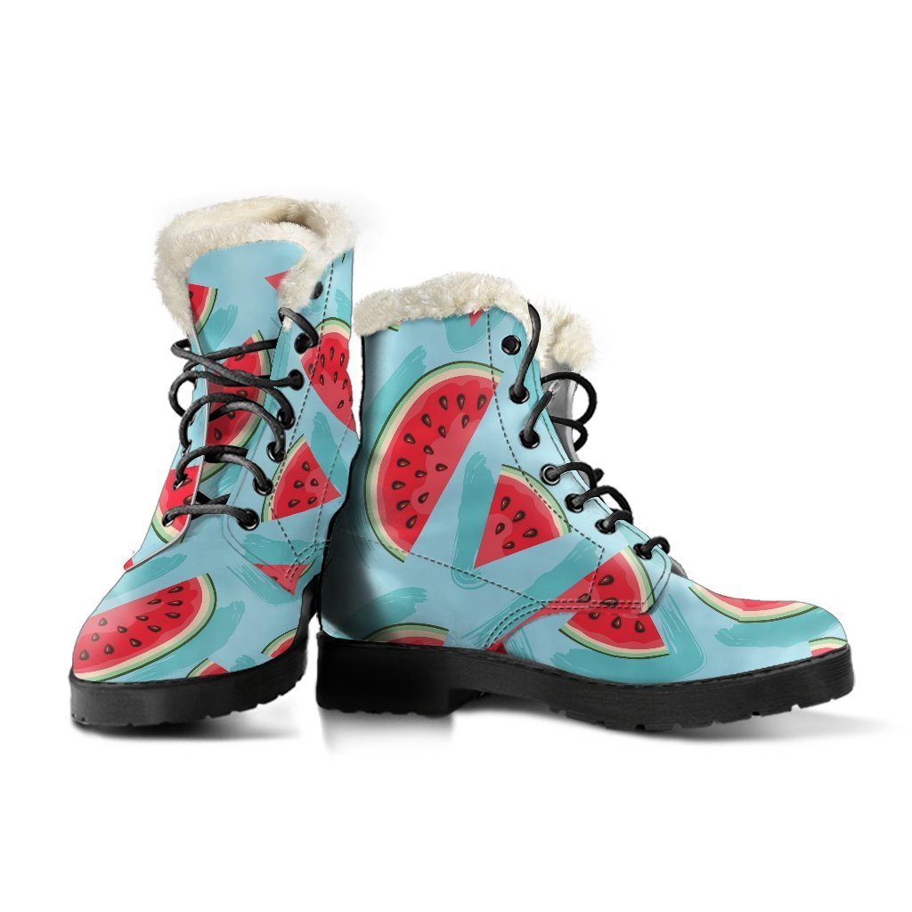 Blue Watermelon Pieces Pattern Faux Fur Leather Boots: Embrace Your Inner Hippie Style - 3