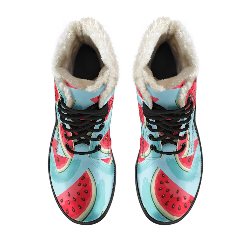 Blue Watermelon Pieces Pattern Faux Fur Leather Boots: Embrace Your Inner Hippie Style - 4