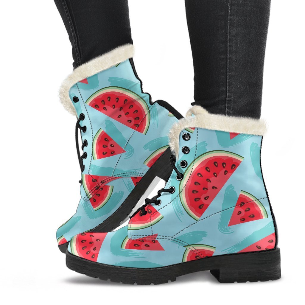 Blue Watermelon Pieces Pattern Faux Fur Leather Boots: Embrace Your Inner Hippie Style - 1