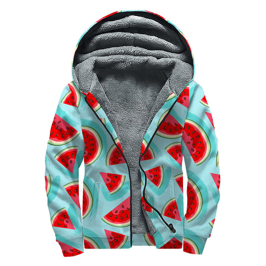 Blue Watermelon Pieces Pattern Sherpa Lined Zip Up Hoodie: Embrace Your Inner Hippie Style - 1