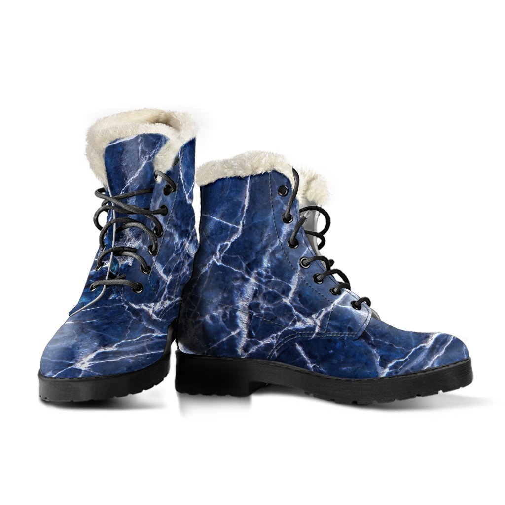 Channeling 70s Vibe: Blue & White Marble Print Faux Fur Leather Boots for Trendy Hippies - 3