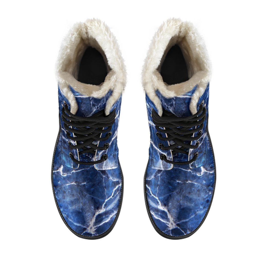 Channeling 70s Vibe: Blue & White Marble Print Faux Fur Leather Boots for Trendy Hippies - 4