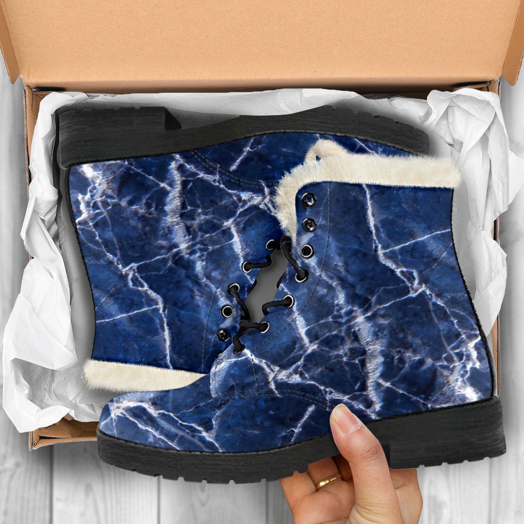 Channeling 70s Vibe: Blue & White Marble Print Faux Fur Leather Boots for Trendy Hippies - 5