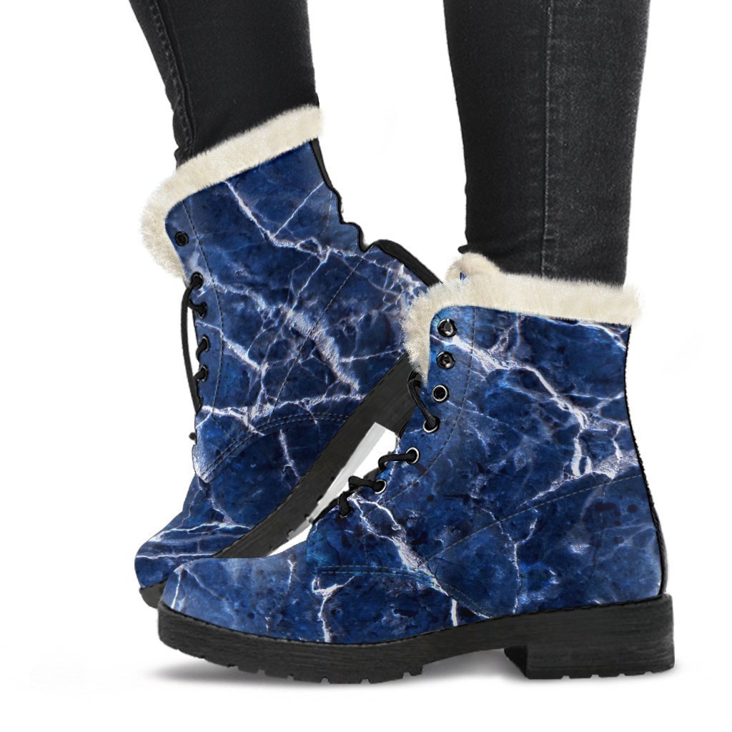 Channeling 70s Vibe: Blue & White Marble Print Faux Fur Leather Boots for Trendy Hippies - 1