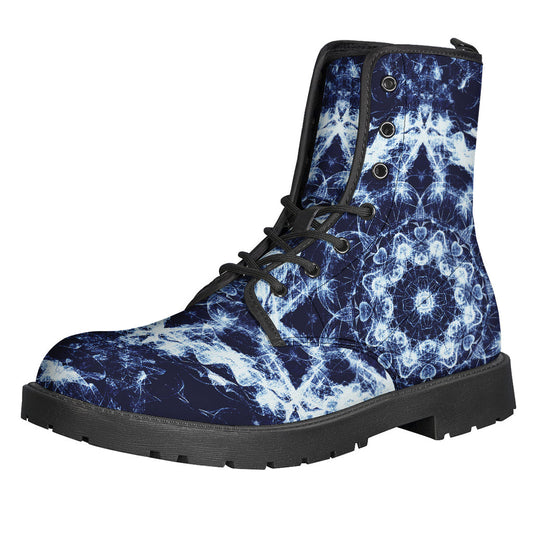 Blue Winter Mandala Print Hippie Leather Lightweight Boots - 1