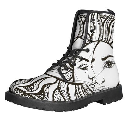 Bohemian Celestial Sun and Moon Printed Leather Lightweight Boots for Free-Spirited Hippies - 1