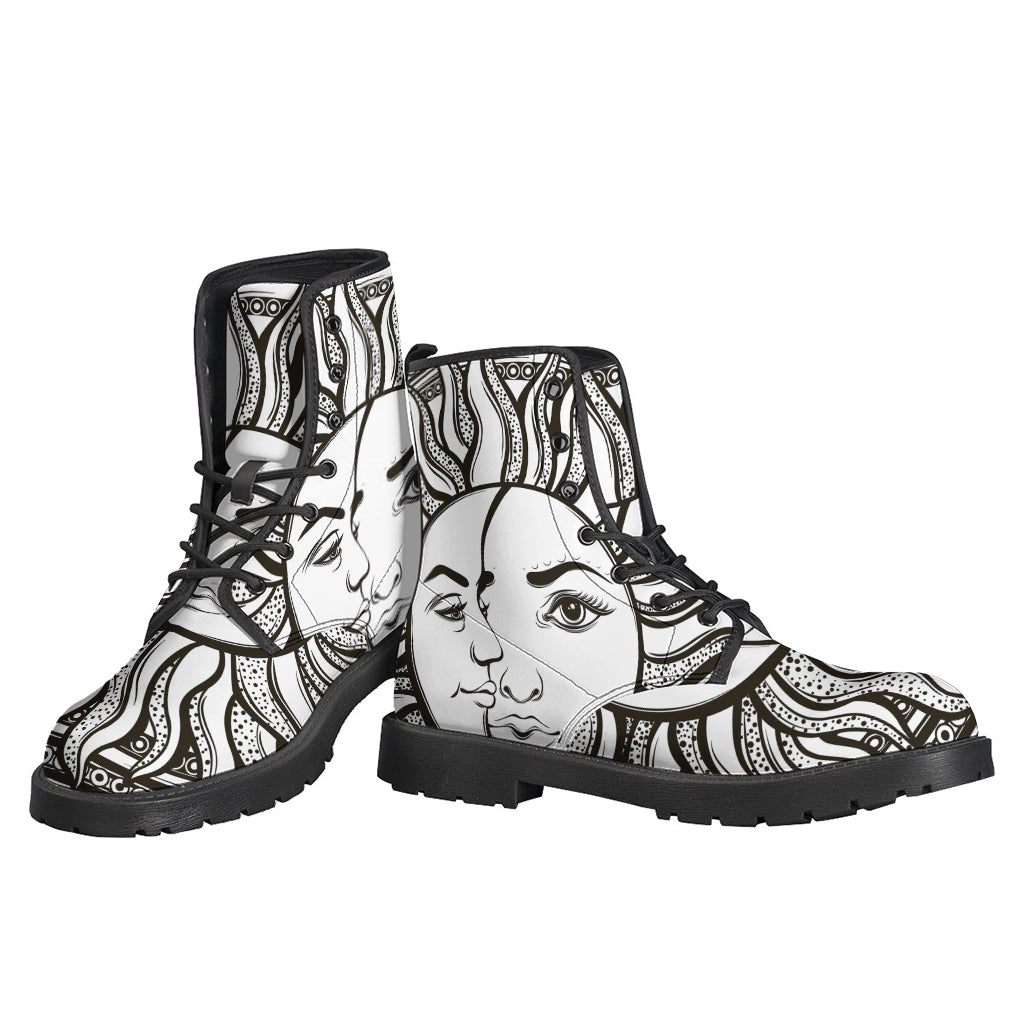 Bohemian Celestial Sun and Moon Printed Leather Lightweight Boots for Free-Spirited Hippies - 3