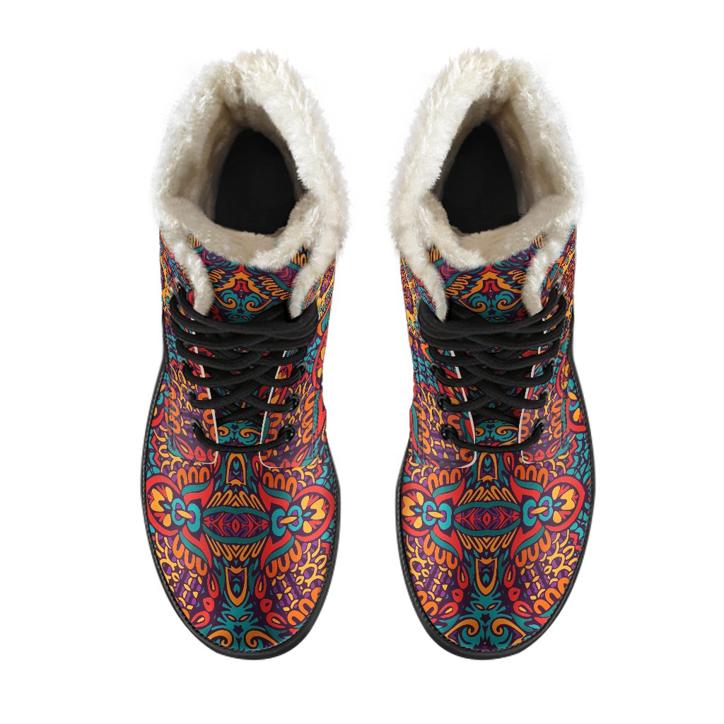 Boho Bliss: Faux Fur Leather Boots With Native Mandala Print - 4