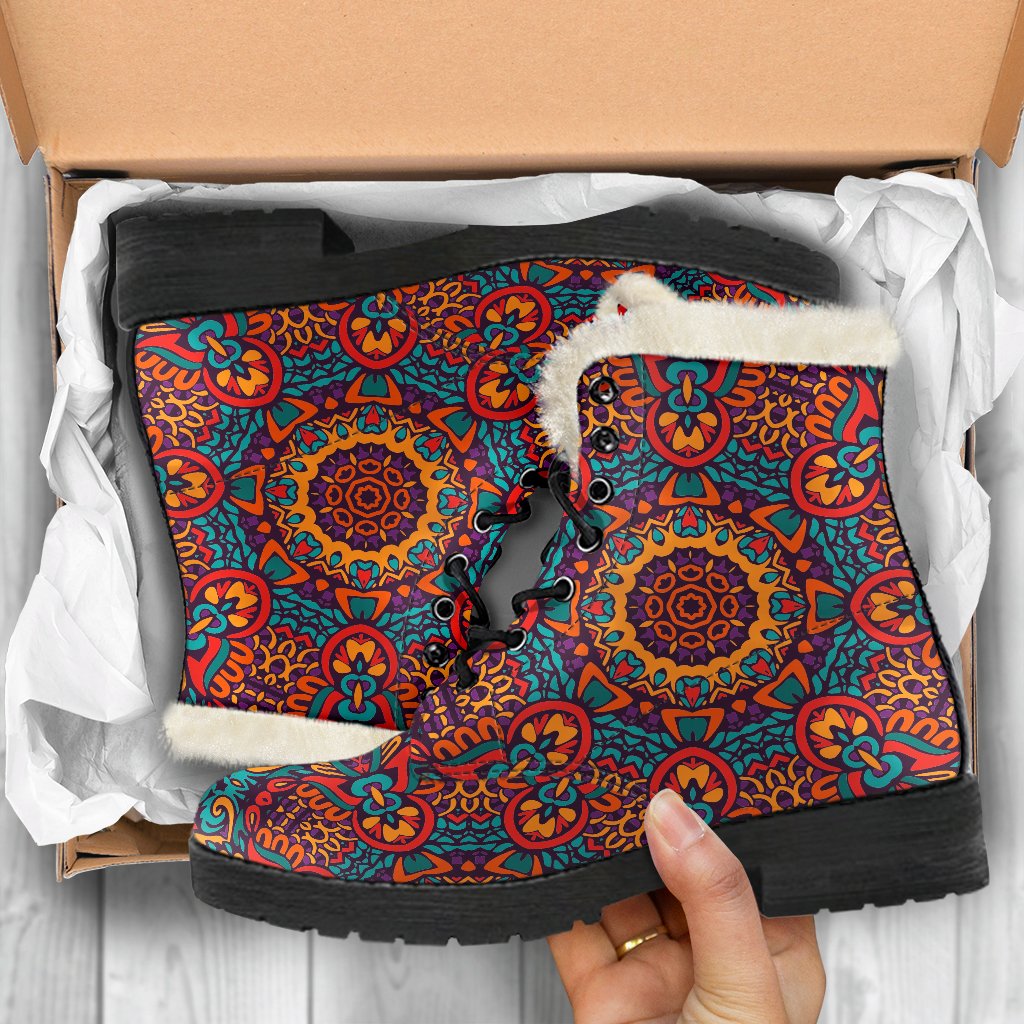 Boho Bliss: Faux Fur Leather Boots With Native Mandala Print - 5