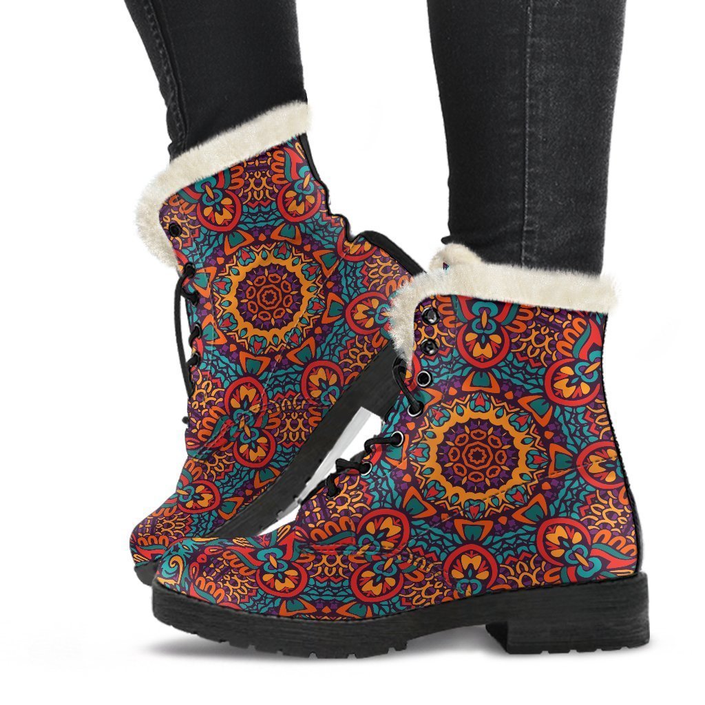 Boho Bliss: Faux Fur Leather Boots With Native Mandala Print - 1