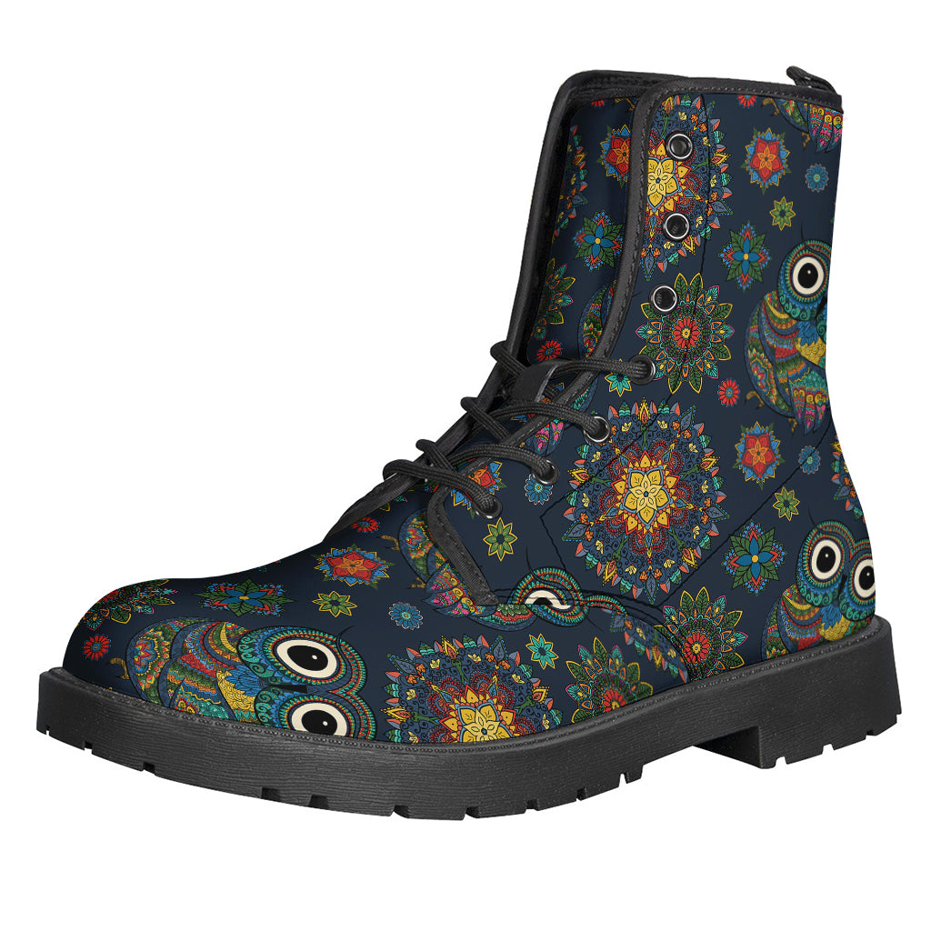 Bohemian Owl Pattern Printed Leather Boots for the Free-Spirited Hippies - 1