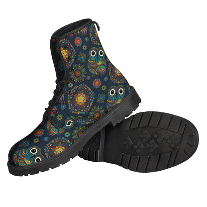 Bohemian Owl Pattern Printed Leather Boots for the Free-Spirited Hippies - 2