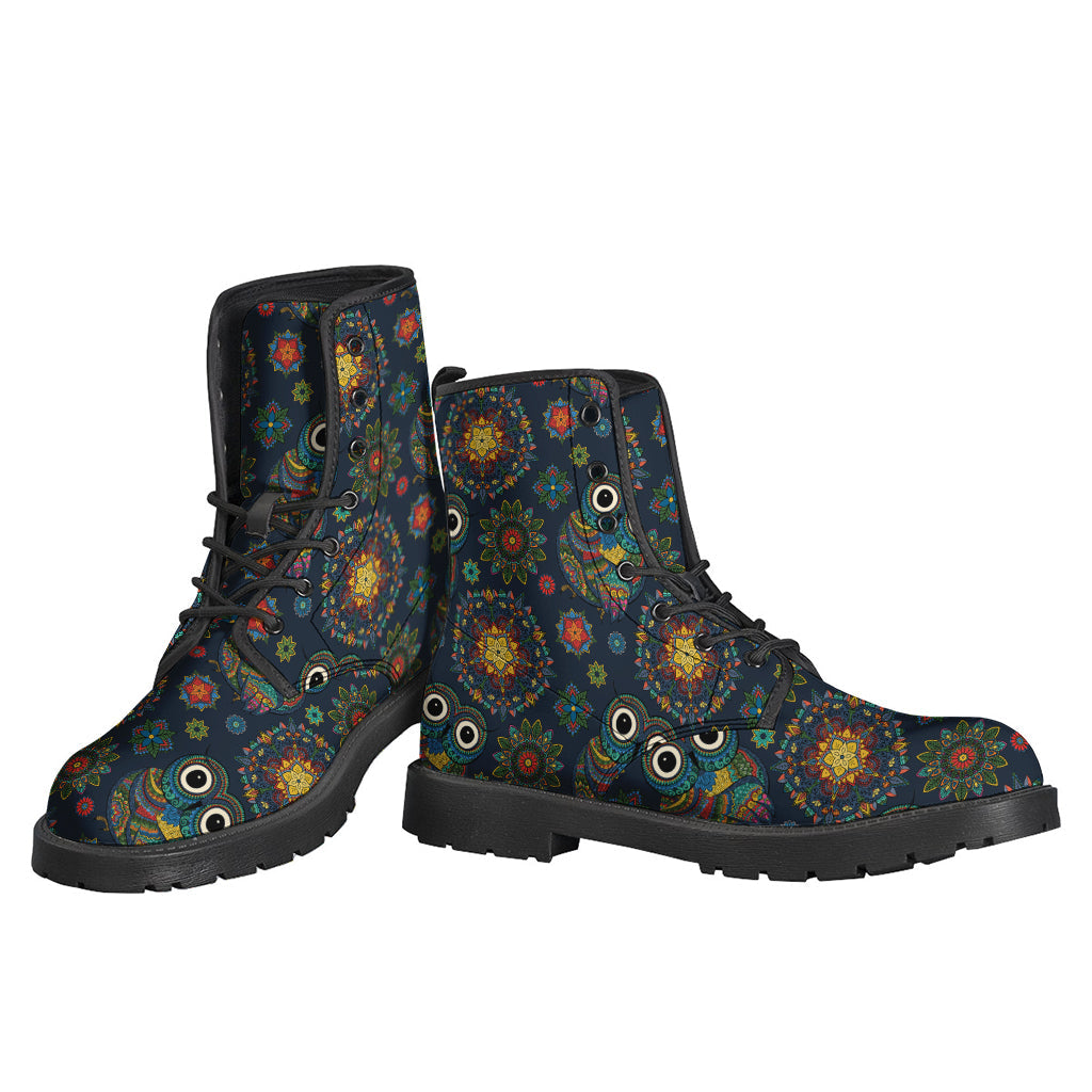 Bohemian Owl Pattern Printed Leather Boots for the Free-Spirited Hippies - 3