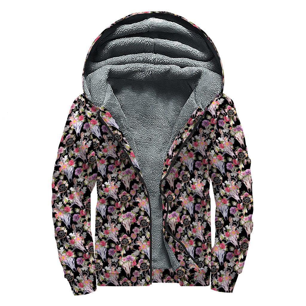 Boho Deer Skull Pattern Sherpa Lined Zip Up Hoodie: Embrace Your Inner Hippie Style - 1