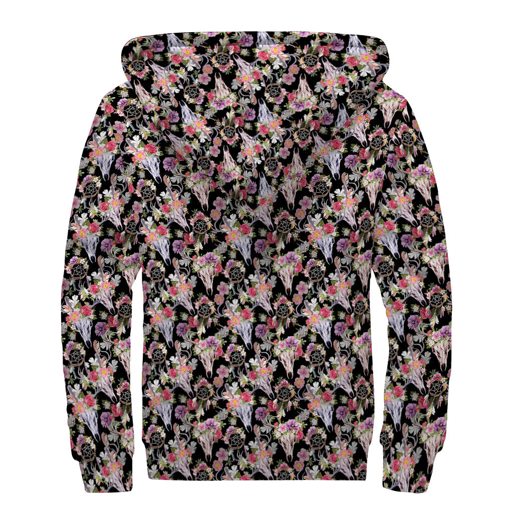 Boho Deer Skull Pattern Sherpa Lined Zip Up Hoodie: Embrace Your Inner Hippie Style - 2