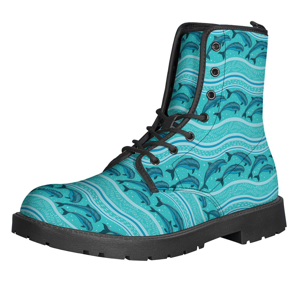 Boho Dolphin Pattern Leather Boots: Groovy Style for Free-Spirited Hippies - 1