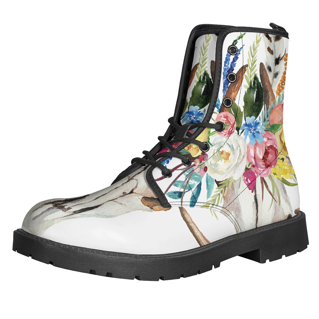 Boho Floral Deer Skull Print Leather Boots for the Free-Spirited Hippie - 1