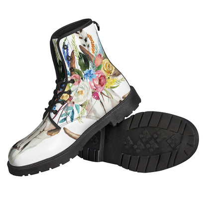 Boho Floral Deer Skull Print Leather Boots for the Free-Spirited Hippie - 2