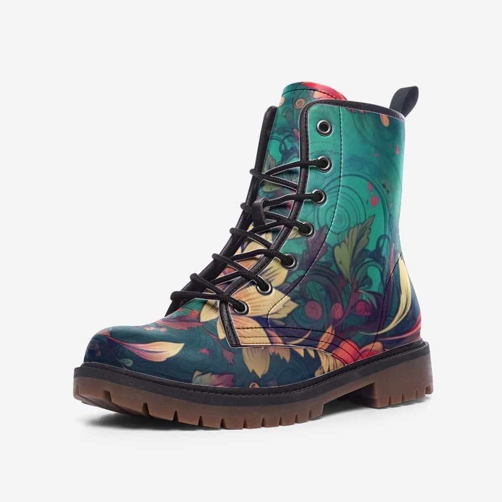 Emerald Blossoms - Boho Flowers Vegan Leather Combat Boots For Hippies