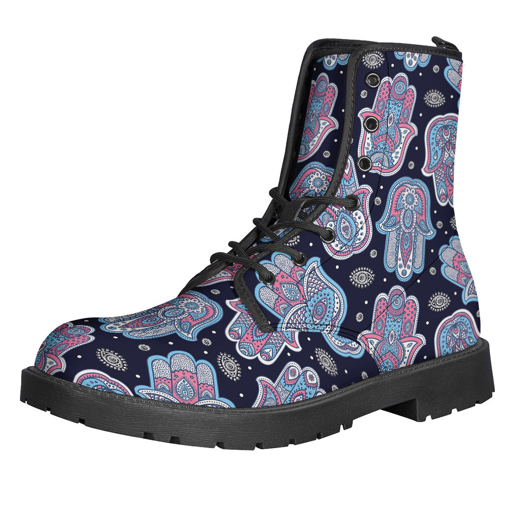 Boho Hamsa Pattern Leather Boots: Embrace Your Inner Hippie Style - 1