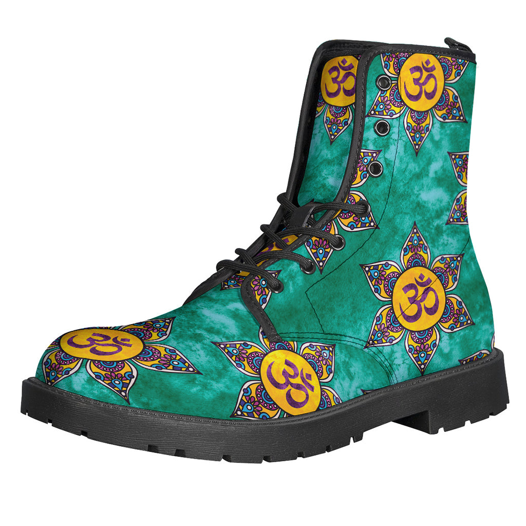 Boho Om Sign Pattern Leather Boots: Embrace Hippie Style with Lightweight Comfort - 1