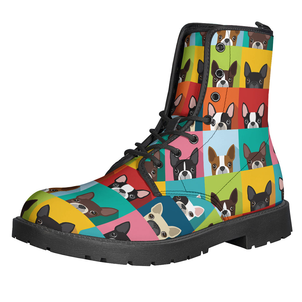 Groovy Boston Terrier Puppy Print Leather Boots for Hippie Souls - 1