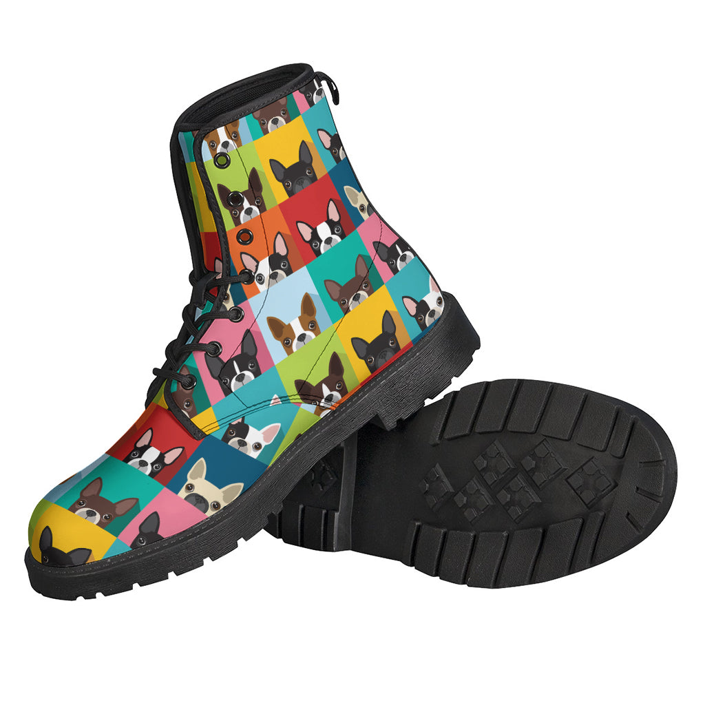 Groovy Boston Terrier Puppy Print Leather Boots for Hippie Souls - 2