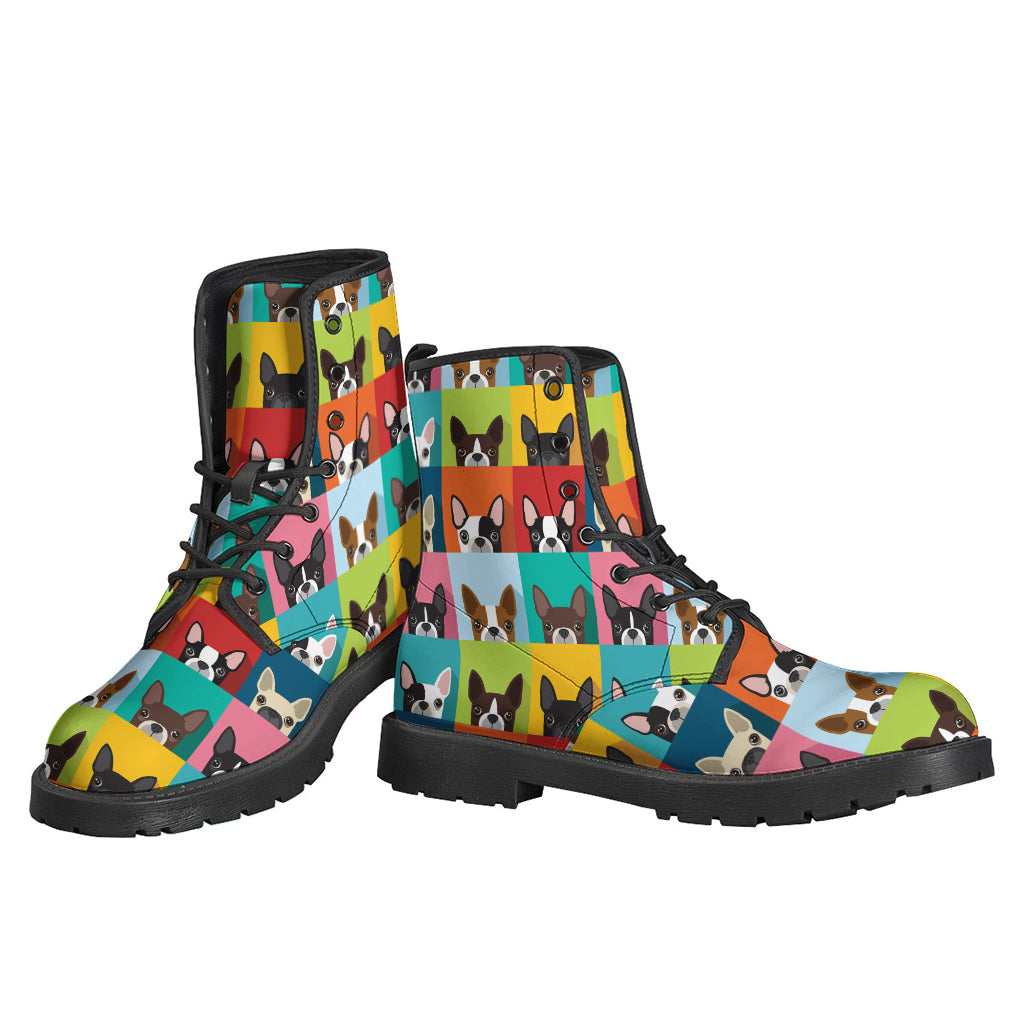 Groovy Boston Terrier Puppy Print Leather Boots for Hippie Souls - 3