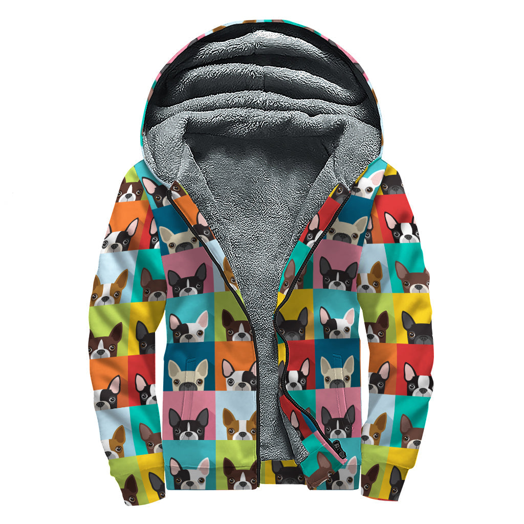 Groovy Boston Terrier Sherpa Lined Zip Up Hoodie for Free-Spirited Hippies - 1