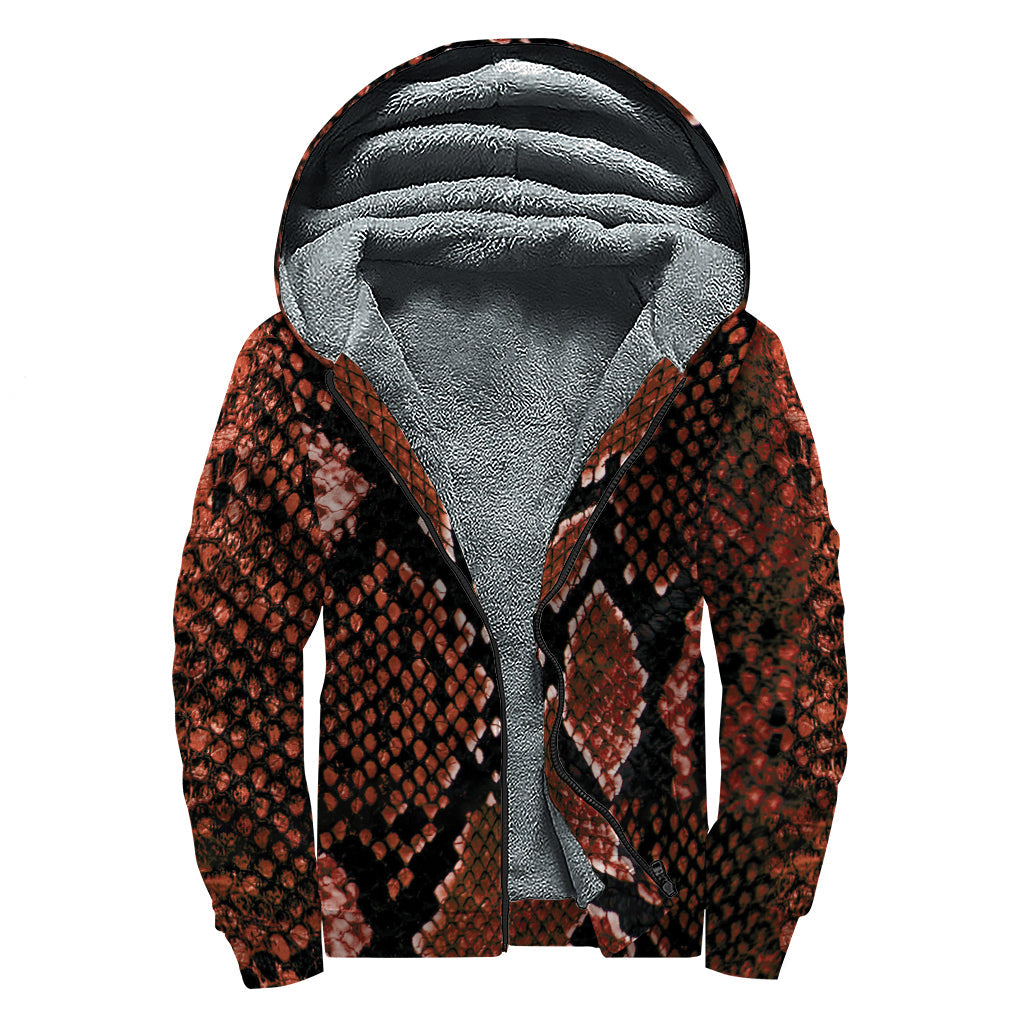 Groovy Brick Red Python Snakeskin Print Sherpa Lined Zip Up Hoodie for the Free-Spirited Hippie - 1